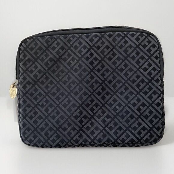 Tommy Hilfiger Zip Around Tablet Case TH Pattern Black Gray Gold Logo 10.5” x 8” - Picture 2 of 8